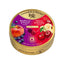 A round gold tin of Cavendish & Harvey Fruit Fusion Mini Drops, featuring a colorful label with blueberries, peaches, cherries, and banana illustrations on a white background.