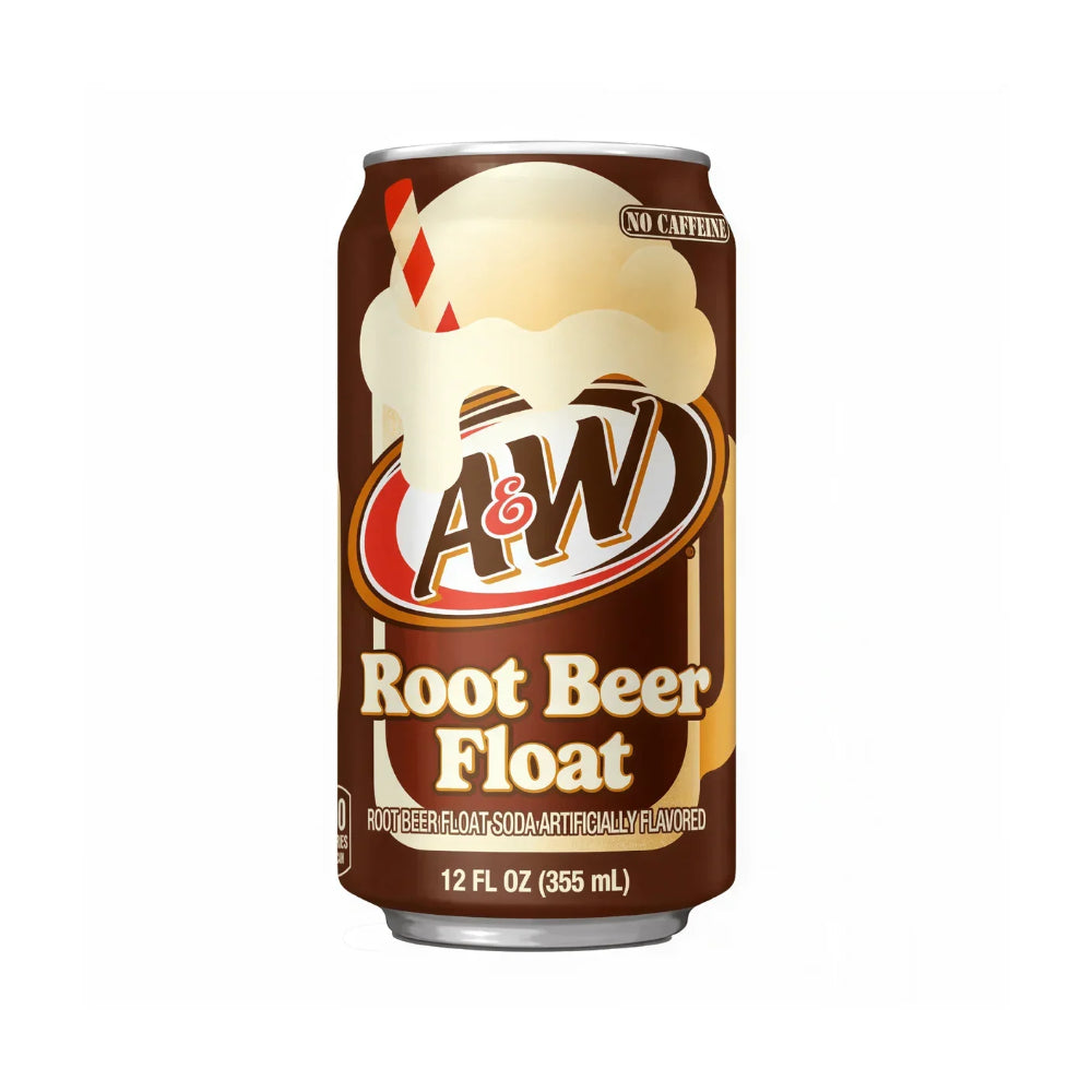 A 12 fl oz can of A&W Root Beer Float soda, featuring the classic brown and cream color scheme with the A&W logo and an illustration of a frothy beer float. Main image