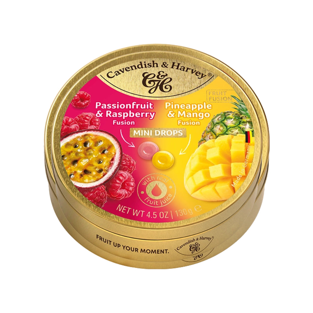 A round tin of Cavendish & Harvey Mini Drops fruit-flavored drops, featuring a colorful label with illustrations of passionfruit, raspberries, pineapple, and mango, on a plain white background. Main image