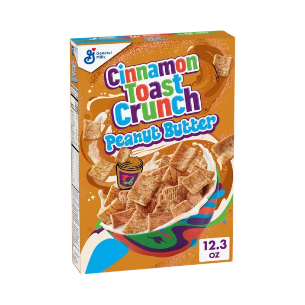 A box of General Mills Cinnamon Toast Crunch Peanut Butter cereal, featuring an orange-brown background with illustrations of cereal pieces in a bowl, milk splash, and colorful branding text.