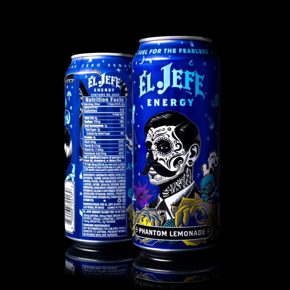 Two blue cans of El Jefe Energy drink on a black background Main image