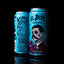 Two El Jeffe Energy beverage cans on a black reflective background. The front can shows a blue design with a black-and-white Day of the Dead style skull portrait, gothic text reading 'EL JEFE ENERGY' and 'SINISTER RAZZ,' plus small red floral accents.