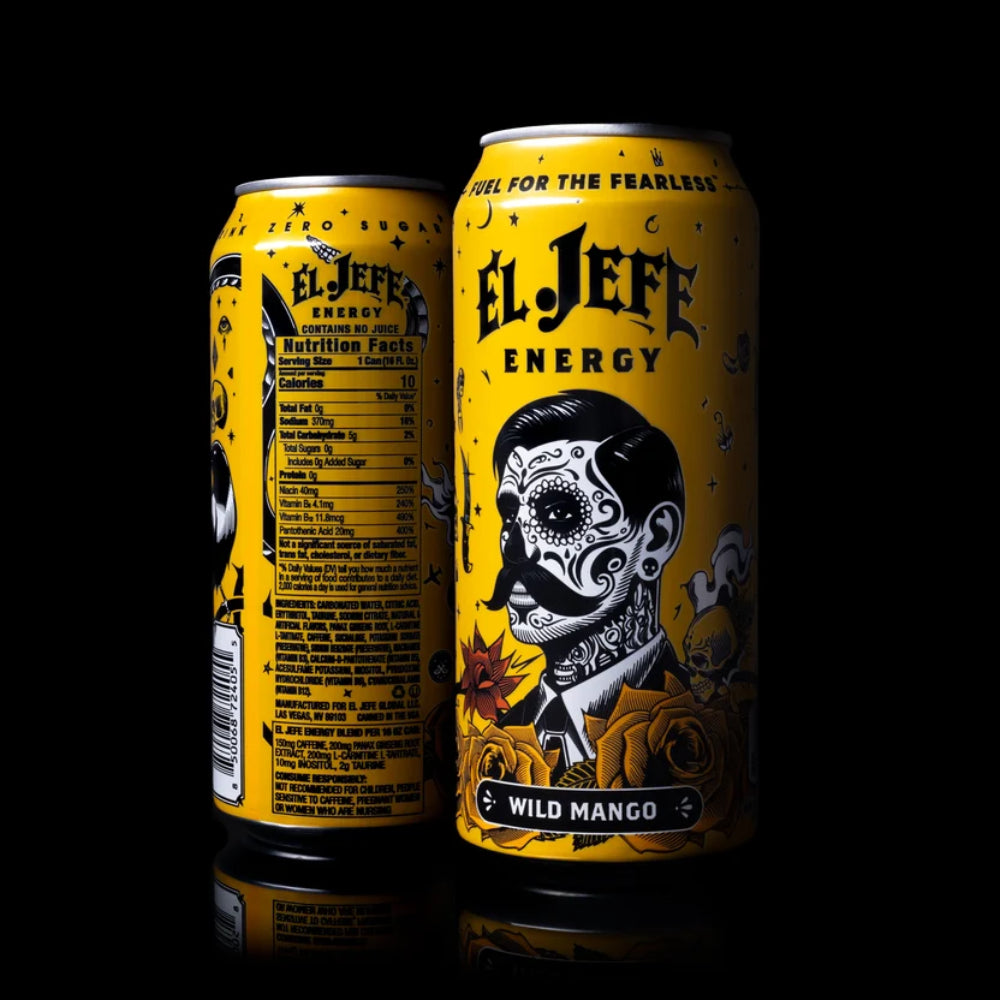 Two yellow El. Jeffe Energy Wild Mango canned drinks on a black reflective background, showing the front and back labels.