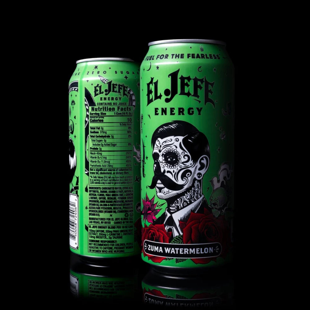 Two green El Jeffe Energy beverage cans on a black reflective background. The front can shows a Day of the Dead style illustrated face with black hair, white skull makeup, and red roses, with the text 'EL JEFFE ENERGY' and 'ZUMA WATERMELON'. Main image