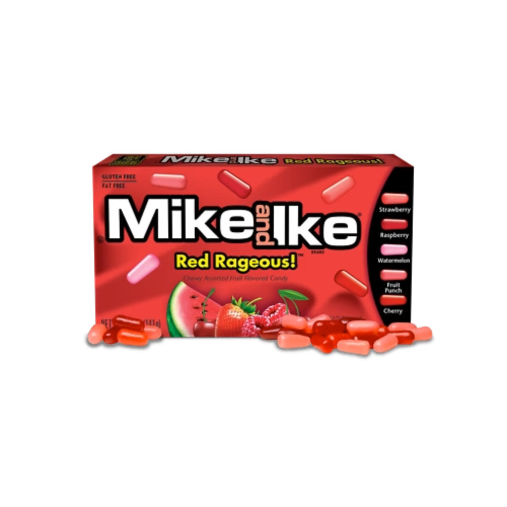 A box of Mike & Ike Red Rageous! fruit flavored candy, shown with several red and pink candy capsules scattered in front on a white background.