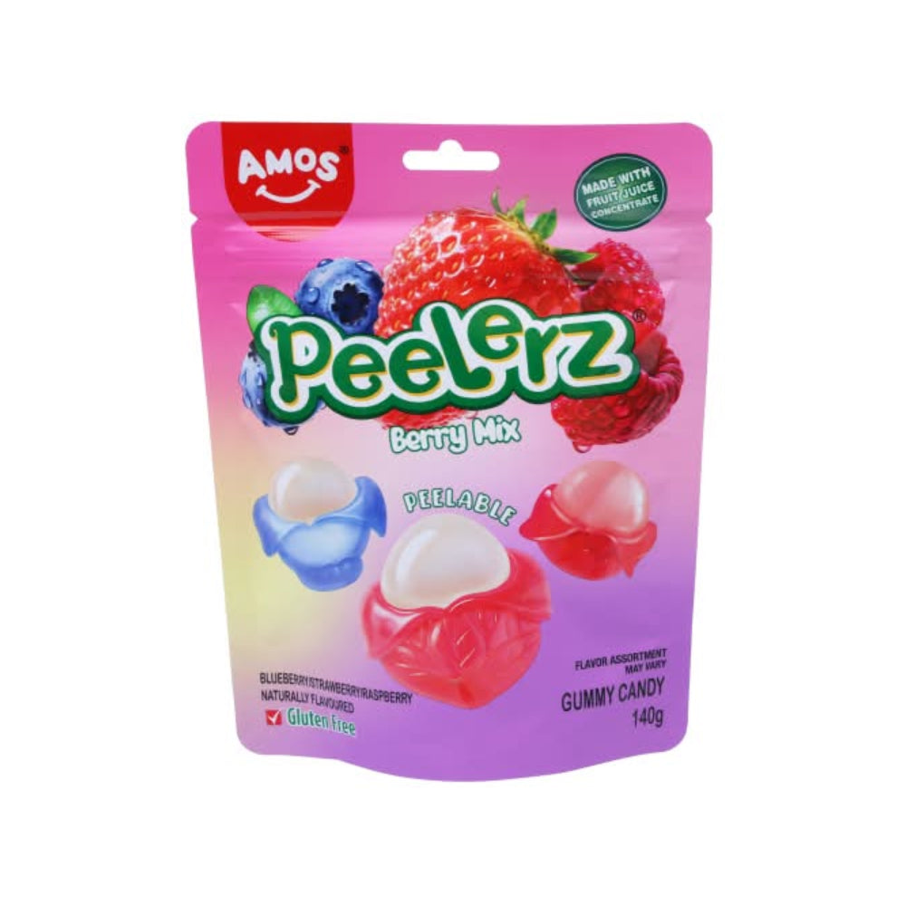 A 140g stand-up pouch of Amos Peelrz Berry Mix gummy candy, featuring illustrations of strawberries, blueberries, and other berries on a pink and purple gradient background. Main image
