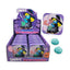 A retail display box and individual tin of Smurfs-themed Halloween candy, alongside three wrapped blue candies, on a plain white background.