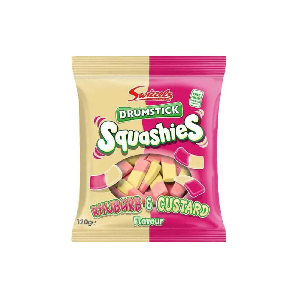 A 120g bag of Swizzels Drumstick Squashies Khubarb & Custard Flavour candy, featuring a split design with a beige left side and a pink right side, with the brand name 'Swizzels' clearly visible. Main image