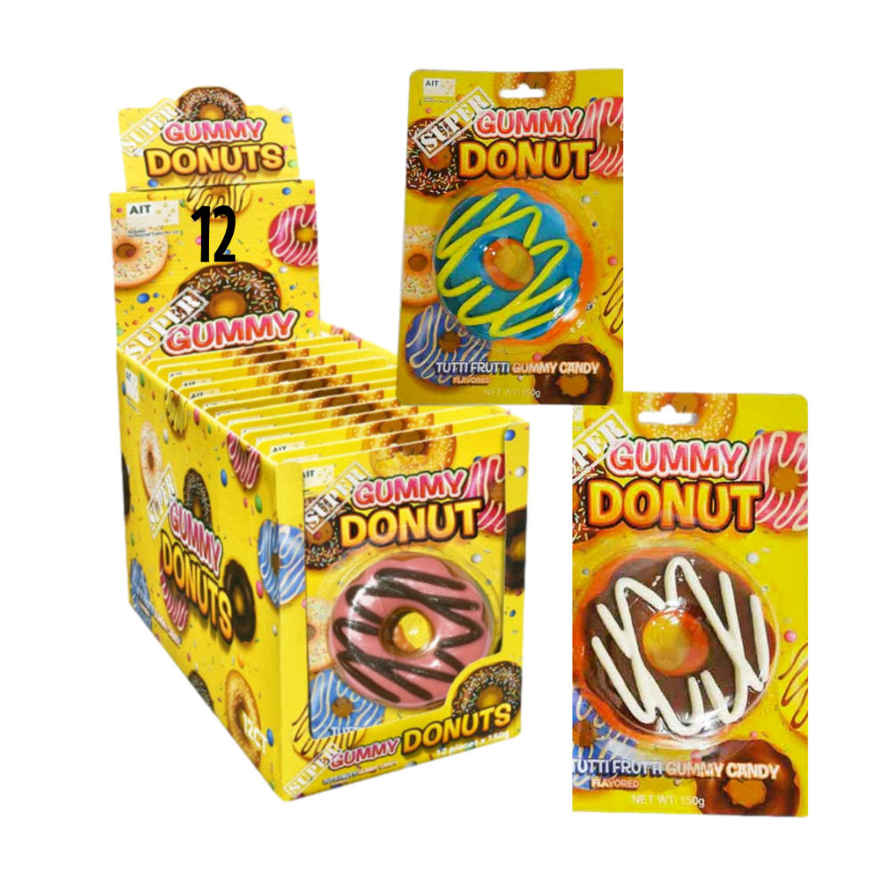 A display box and individual packages of Gummy Donut Multi-flavored Gummy Candy on a plain white background. Main image