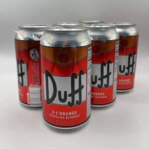 6 pack of Duff orange soda cans