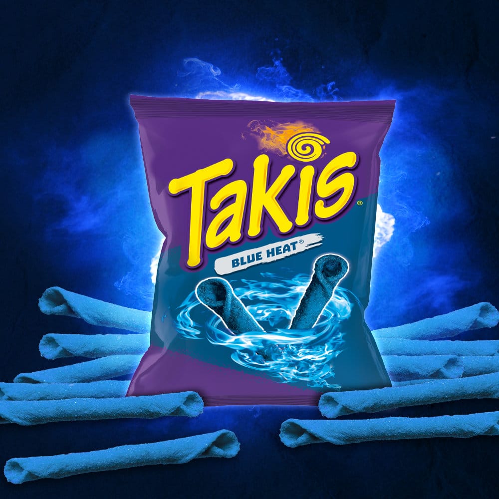 bag of Takis Blue HEat with rolled up blue takis against a dark blue gradient background