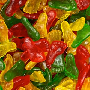 mixture of red, green and yellow Gummy Feet
