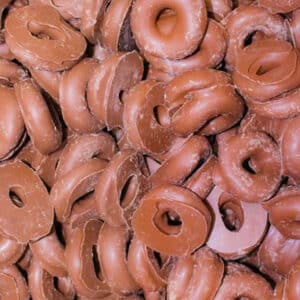 Chocolate coated aniseed rings