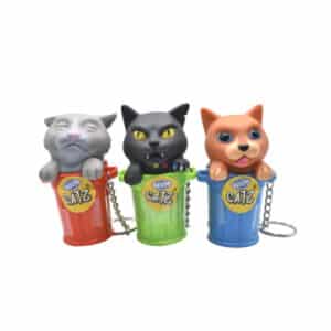 three toy cats in a trash can