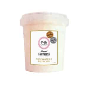 tub of Fluffy Crunch Rosewater & Pistachio fairy floss