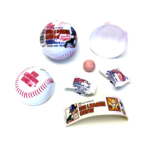 Big League Chew baseball container showing the contents of a sticker and three bubblegum balls