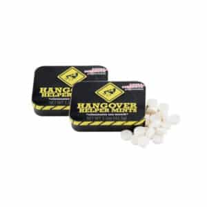 black and yellow tin of Hangover Helper Mints