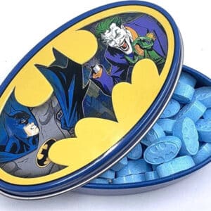 oval shaped tin with Batman and The Joker