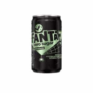 can of Fanta Black Zero Sugar is a black can with a green spiderweb