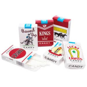 Clssic Candy Cigarette Smokes Sticks showing nostalgic cigarette pack designs