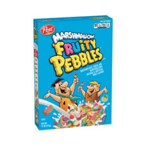 box of Fruity Pebbles Marshmallow cereal sith Fred Flintstone and Barney Rubble printed on the box