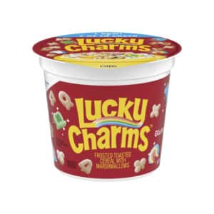single serve cup of Lucky Charms cereal